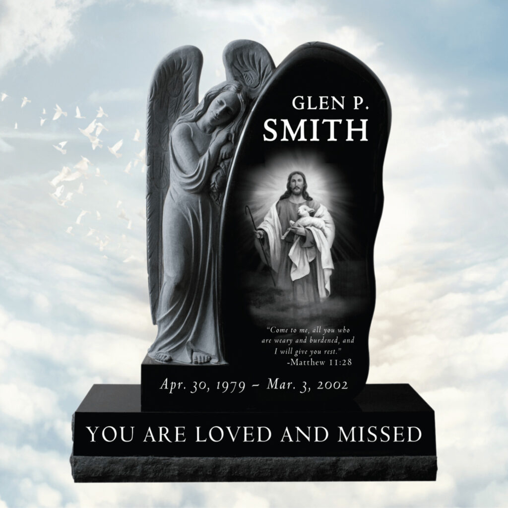 A memorial headstone featuring an angel and an image of Jesus holding a lamb, along with the text "Glen P. Smith" and a Bible verse from Matthew 11:28.