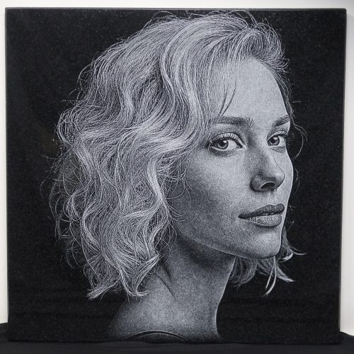 Laser-engraved black granite portrait plaque engraved with AP Lazer's Dual Laser SN6240DLR at 600 DPI.