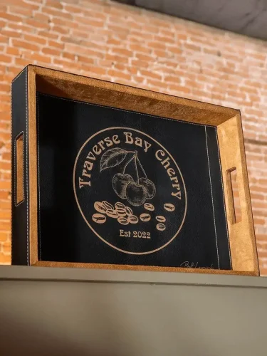 Laser Engraving Machine for Leather Products wood tray with black leather insert with engraved logo